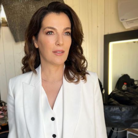 Ayelet Zurer posed in a white suit.